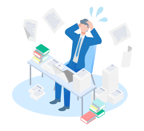 書類が多くて悩むビジネスマン